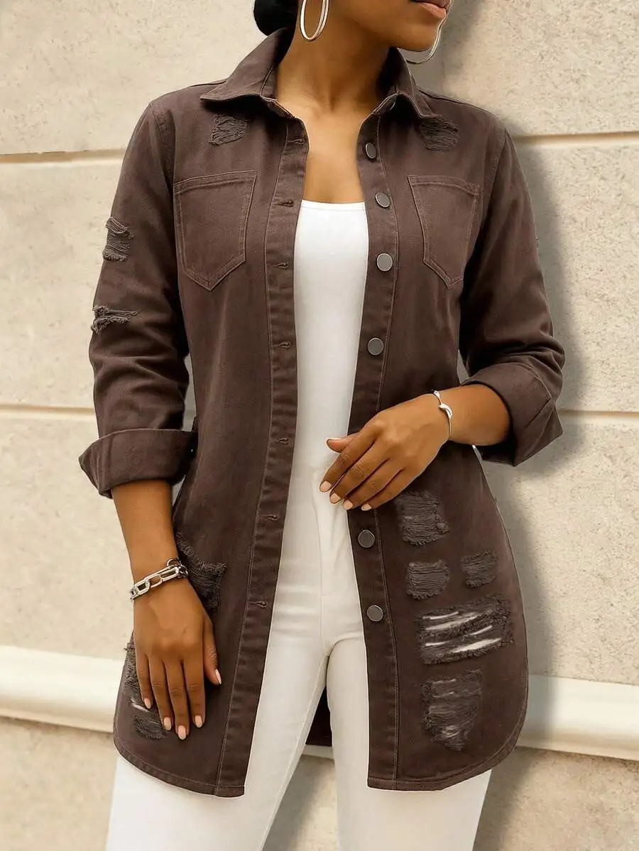 Women's Mid-Length Distressed Washed Denim Jacket, Casual Autumn Style
Women's Mid-Length Distressed Washed Denim Jacket, Casual Autumn Style