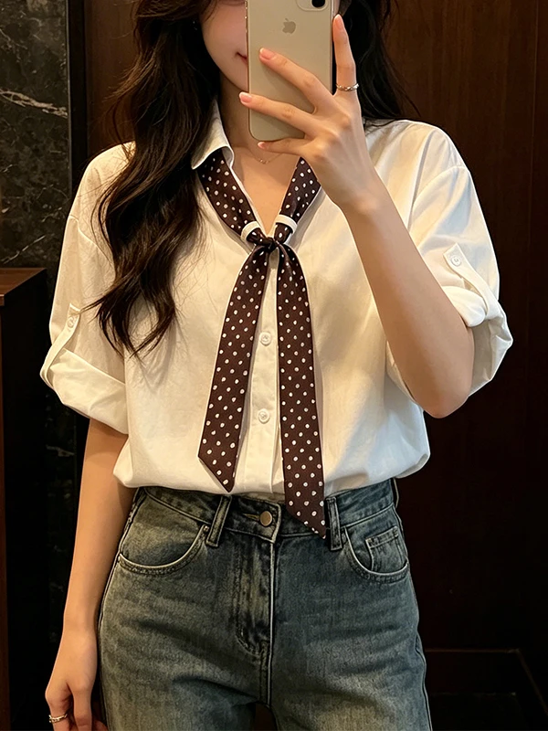 plus Size Polka Dot Scarf V Neck Short Sleeve Shirt Women Summer Slimming High End Feeling Anti Aging Base Top Korean Style C...
plus Size Polka Dot Scarf V Neck Short Sleeve Shirt Women Summer Slimming High End Feeling Anti Aging Base Top Korean Style C...