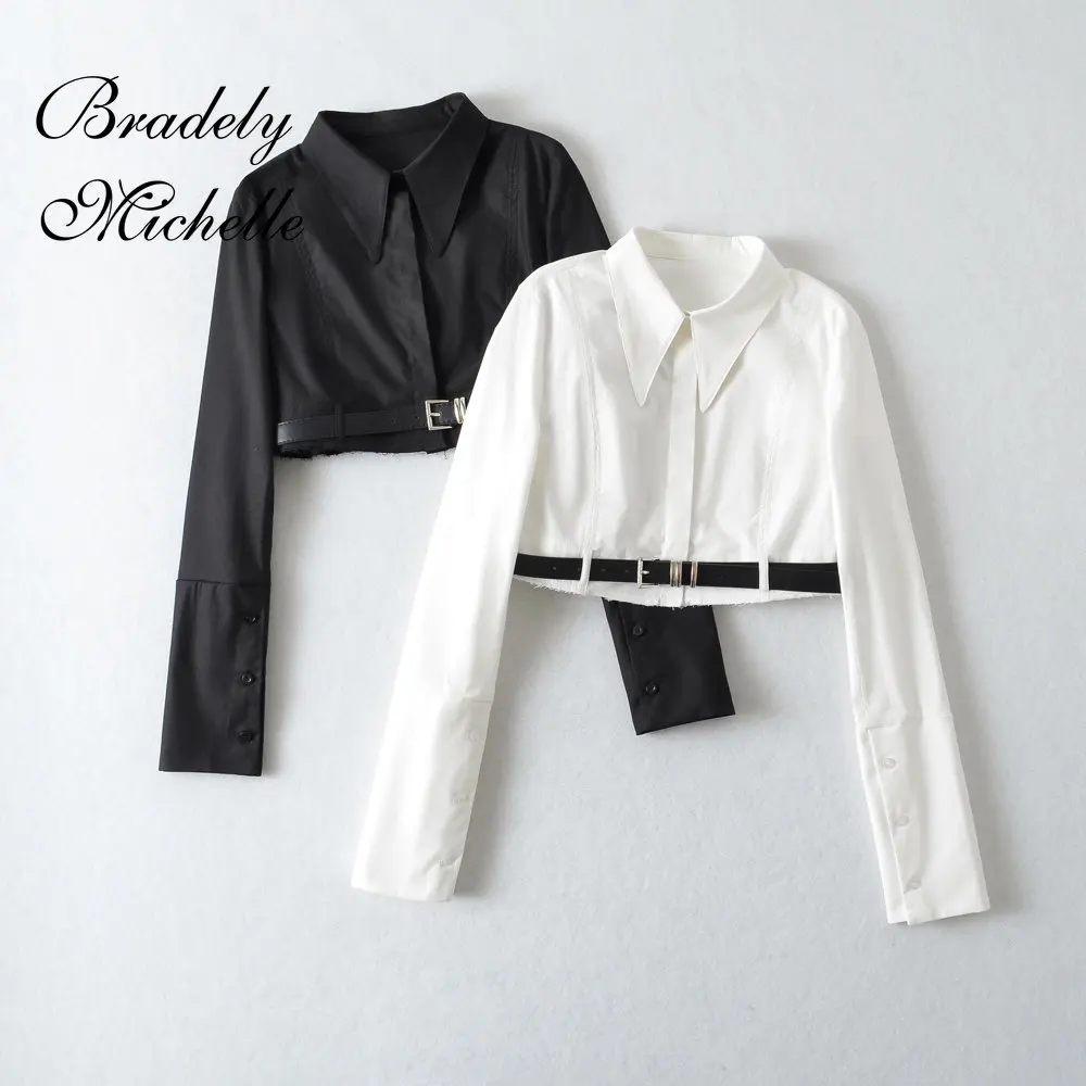 Sexy Women's Crop Long Sleeve Single-breasted Tops Personality Belt Shirt Top Bottoming Shirt Turn-down Slim Blouses
Sexy Women's Crop Long Sleeve Single-breasted Tops Personality Belt Shirt Top Bottoming Shirt Turn-down Slim Blouses