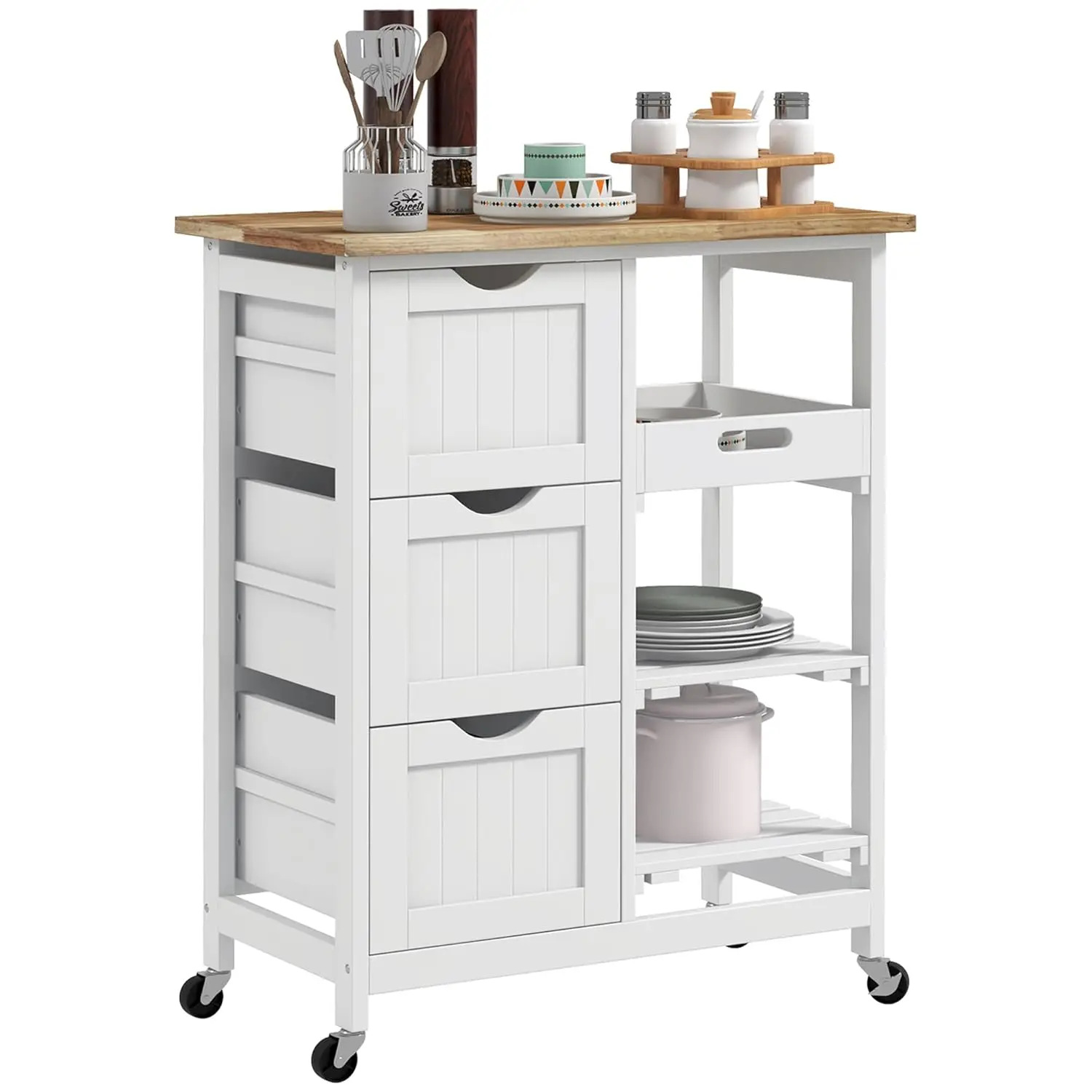Rolling Kitchen Island Cart with Wood Top, Storage Shelves & Drawers for Dining Area, White, Customized
Rolling Kitchen Island Cart with Wood Top, Storage Shelves & Drawers for Dining Area, White, Customized