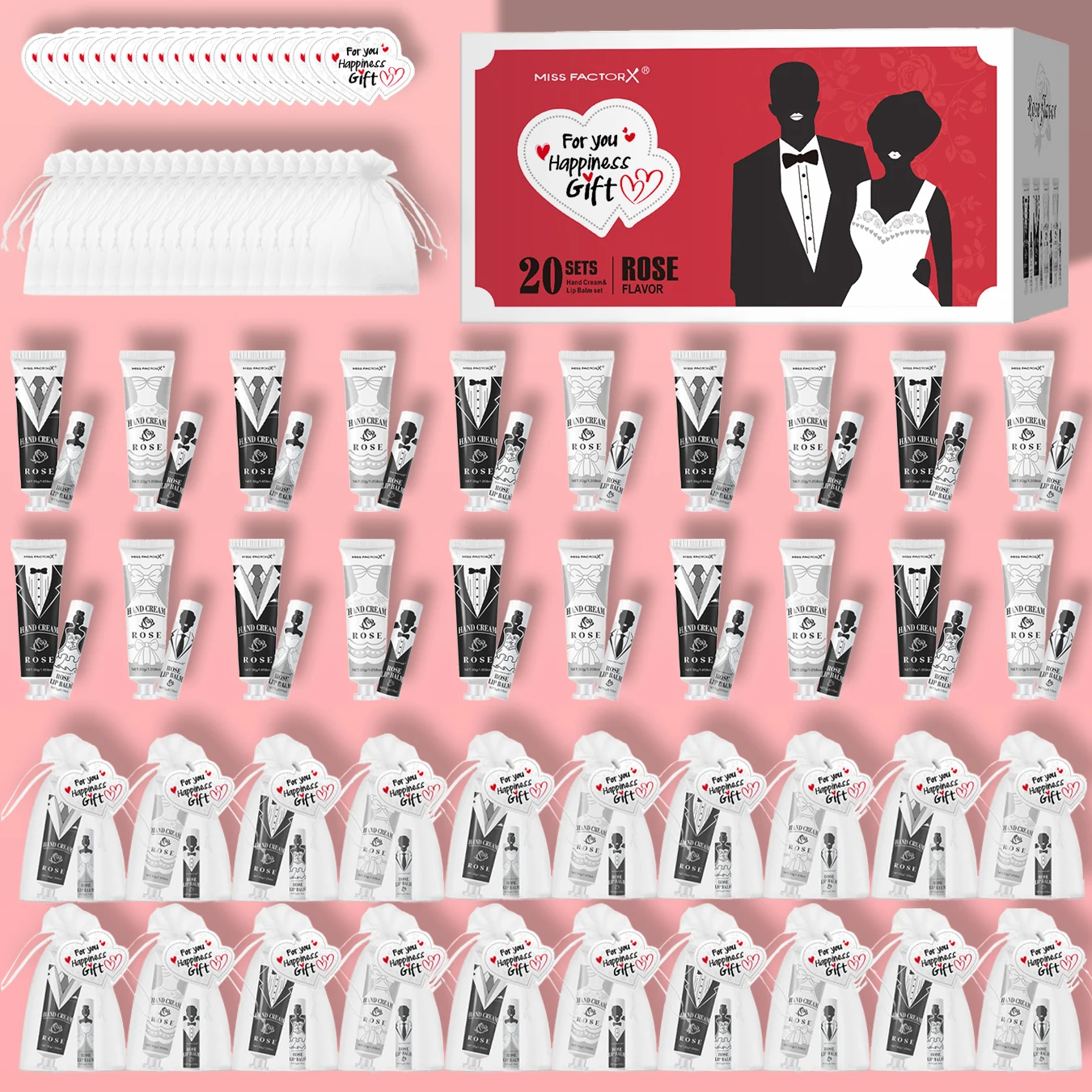 20 sets of wedding dress and suit theme gifts include hand cream, lipstick, white drawstring bag and wedding love greeting card
20 sets of wedding dress and suit theme gifts include hand cream, lipstick, white drawstring bag and wedding love greeting card