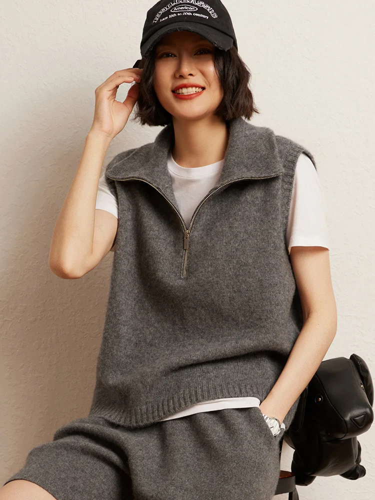 Женский осенне-зимний кашемировый жилет-свитер с высоким воротом, базовый безрукавный пуловер, 100% кашемировый трикотаж, топ на молнии до середины груди
Женский осенне-зимний кашемировый жилет-свитер с высоким воротом, базовый безрукавный пуловер, 100% кашемировый трикотаж, топ на молнии до середины груди