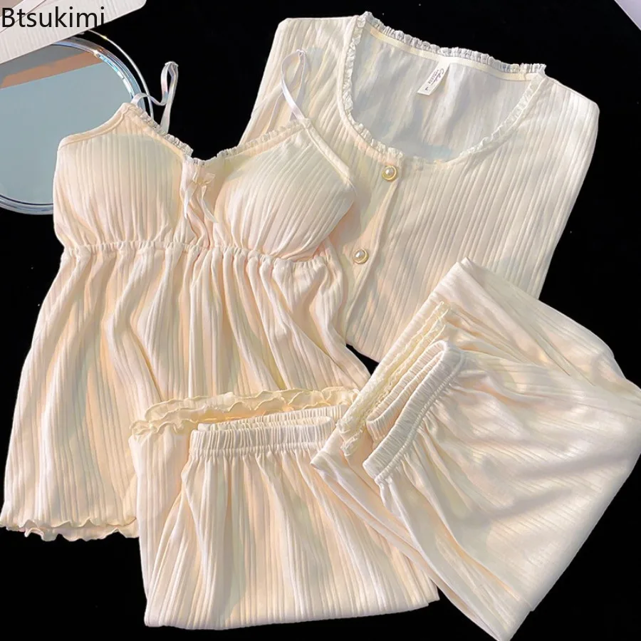 New Women's Pajamas High End Four Piece Set Spring Autumn Cotton Long Sleeve Chest Cushion Suspender Trousers Sleepwear Homewear
New Women's Pajamas High End Four Piece Set Spring Autumn Cotton Long Sleeve Chest Cushion Suspender Trousers Sleepwear Homewear