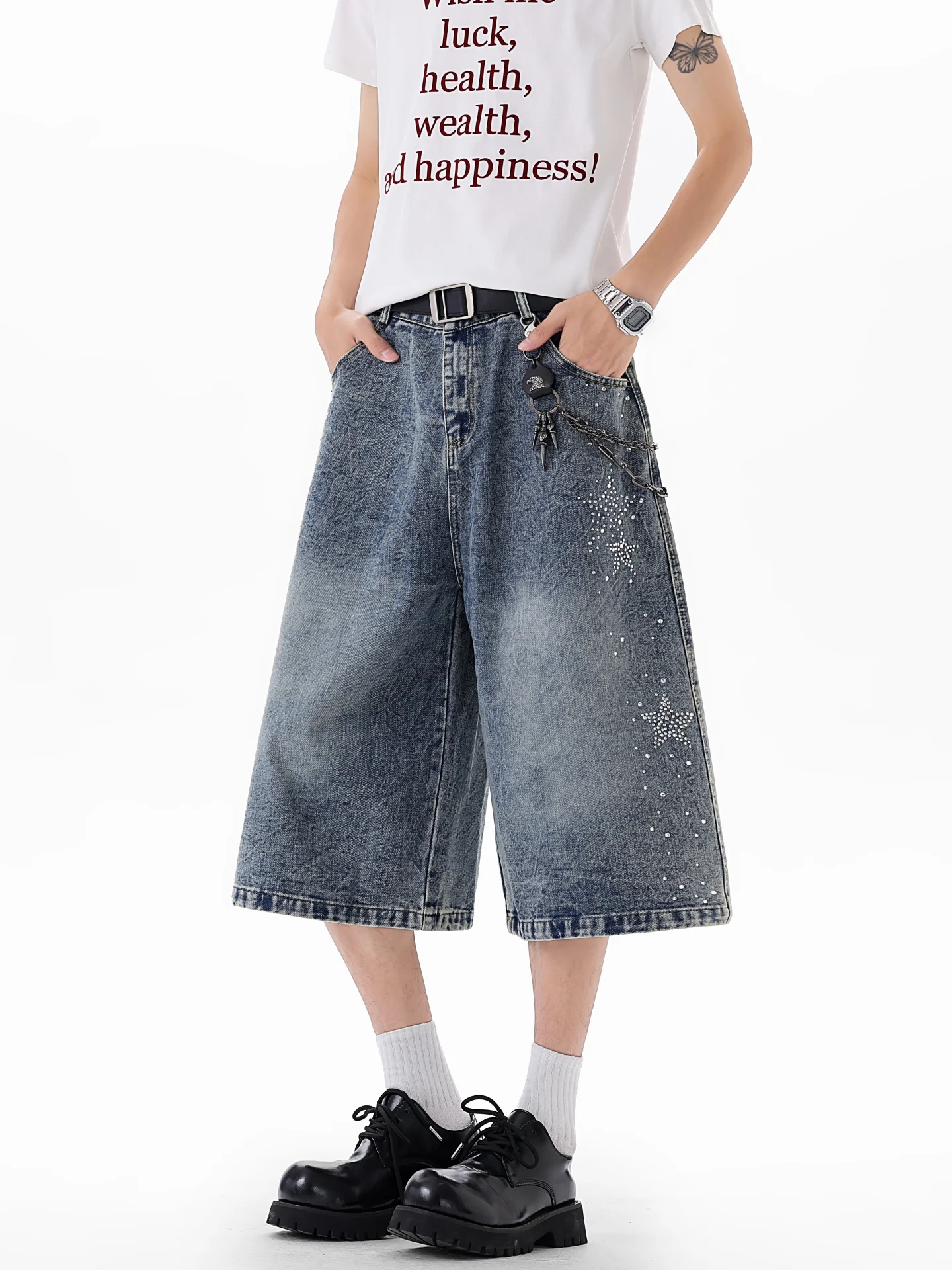 American Style Vintage Star Rhinestone Denim Jeans Seven-Foot Pants Men Women Summer Trendy Brand Couple Straight Leg Shorts
American Style Vintage Star Rhinestone Denim Jeans Seven-Foot Pants Men Women Summer Trendy Brand Couple Straight Leg Shorts