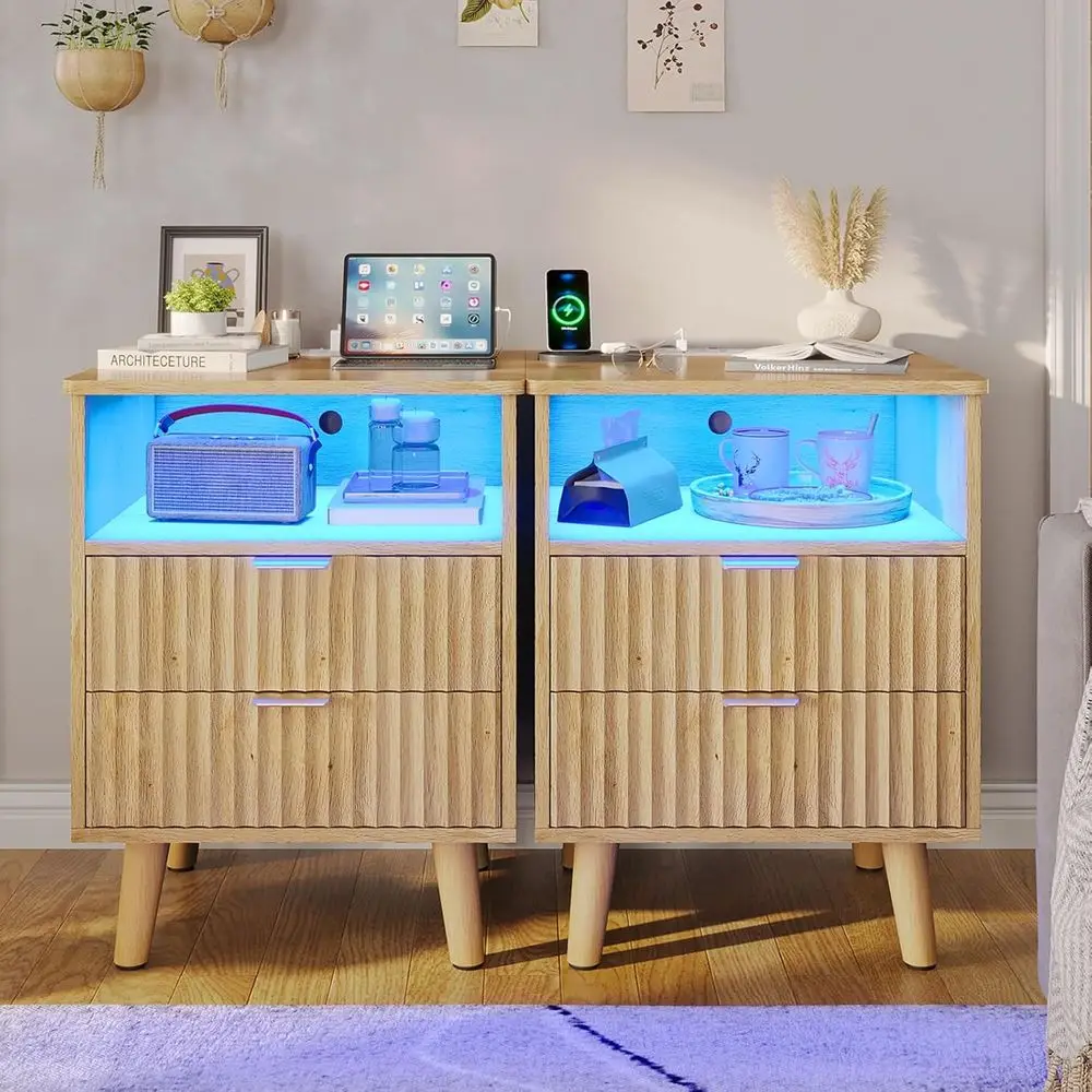 2-Piece Nightstand Set with Charging Station, LED Lights, Drawers, and Open Storage in Natural Oak Finish
2-Piece Nightstand Set with Charging Station, LED Lights, Drawers, and Open Storage in Natural Oak Finish