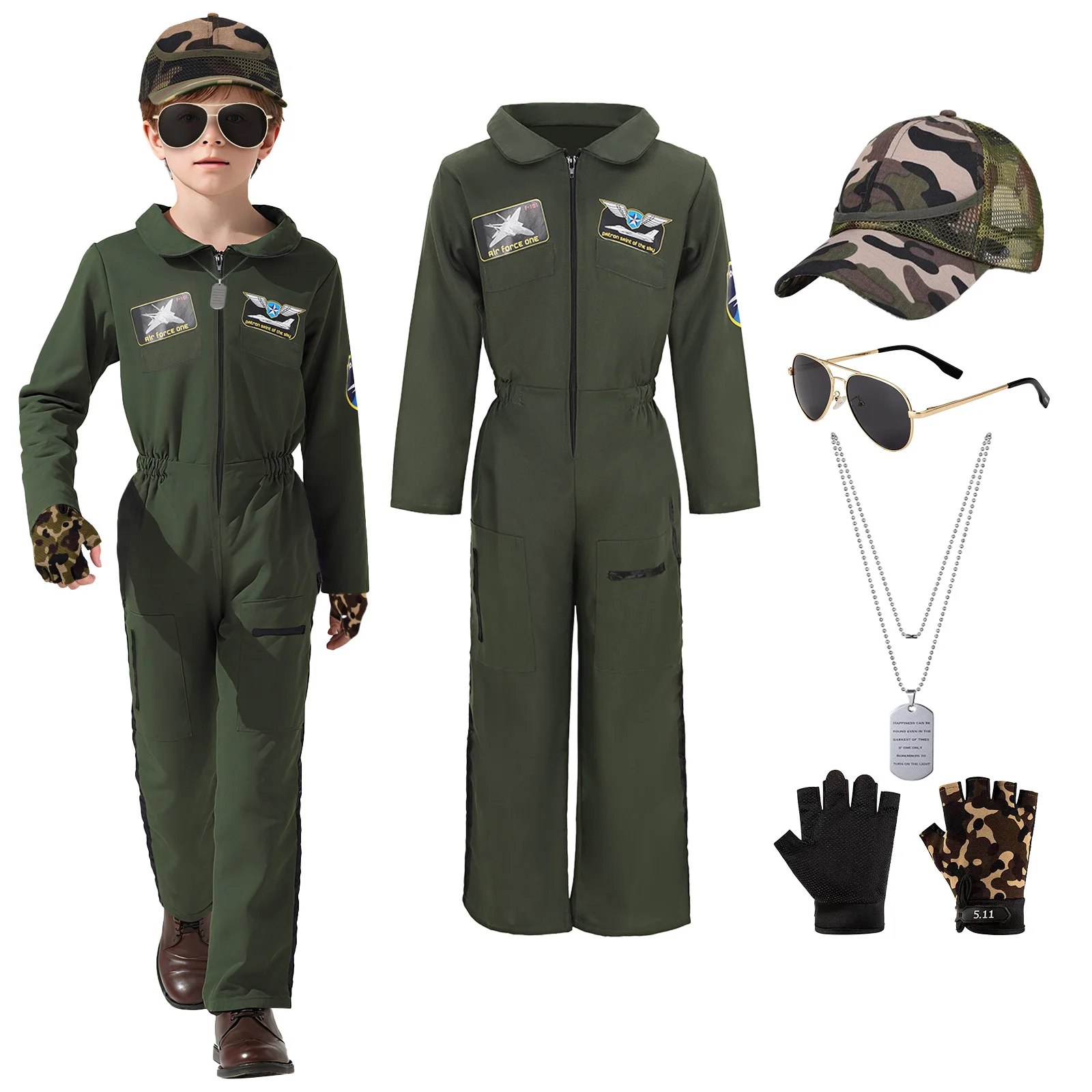 Kids Fighter Pilot Costume Air Force Flight Suit Roleplay Dress Up with Aviator Accessories for Cosplay Girls Boys 
Kids Fighter Pilot Costume Air Force Flight Suit Roleplay Dress Up with Aviator Accessories for Cosplay Girls Boys