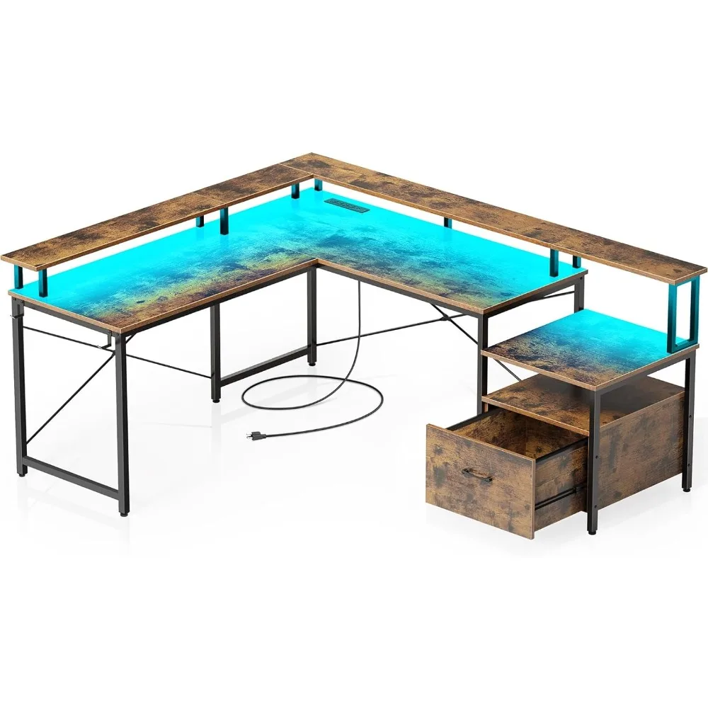 Computer Desk with File Drawer, 68" L Shaped Desk with Power Outlet & LED Strip, L Shaped Corner Desk with File Cabinet
Computer Desk with File Drawer, 68" L Shaped Desk with Power Outlet & LED Strip, L Shaped Corner Desk with File Cabinet