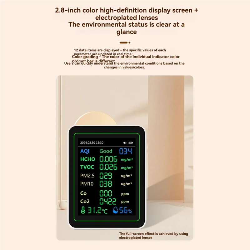 A84X-Air Quality Detector 12 In 1 Air Quality Tester Temperature/Humidity /Time/CO/CO2/Curve/TVOC/AQI/PM2.5/PM10
A84X-Air Quality Detector 12 In 1 Air Quality Tester Temperature/Humidity /Time/CO/CO2/Curve/TVOC/AQI/PM2.5/PM10
