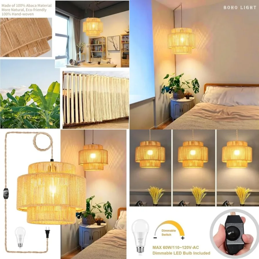 Plug in Pendant Light Hanging Lights with Plug in Cord Boho Hanging Lamp Dimmable, Rattan Wicker Woven Bamboo Lamp Shade, Plug
Plug in Pendant Light Hanging Lights with Plug in Cord Boho Hanging Lamp Dimmable, Rattan Wicker Woven Bamboo Lamp Shade, Plug