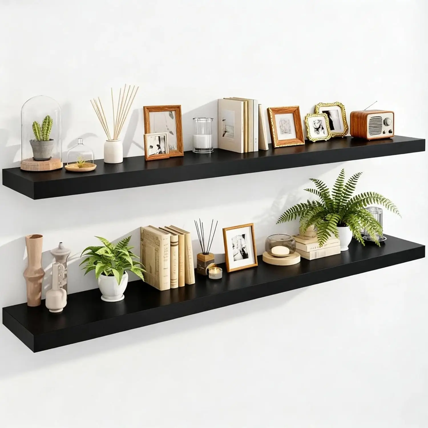 Набор из 2 плавающих настенных полок, 55 дюймов, черные, деревянные, для ванной, кухни, гостиной, простая установка
Набор из 2 плавающих настенных полок, 55 дюймов, черные, деревянные, для ванной, кухни, гостиной, простая установка