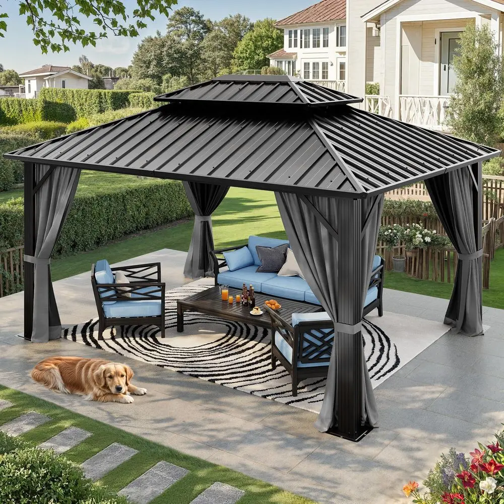 10X12FT Hard Top Metal Gazebo Patios Double Roof Canopy Aluminum Frame Garden Gazebo Tent Curtains Netting for Patios Backyards
10X12FT Hard Top Metal Gazebo Patios Double Roof Canopy Aluminum Frame Garden Gazebo Tent Curtains Netting for Patios Backyards