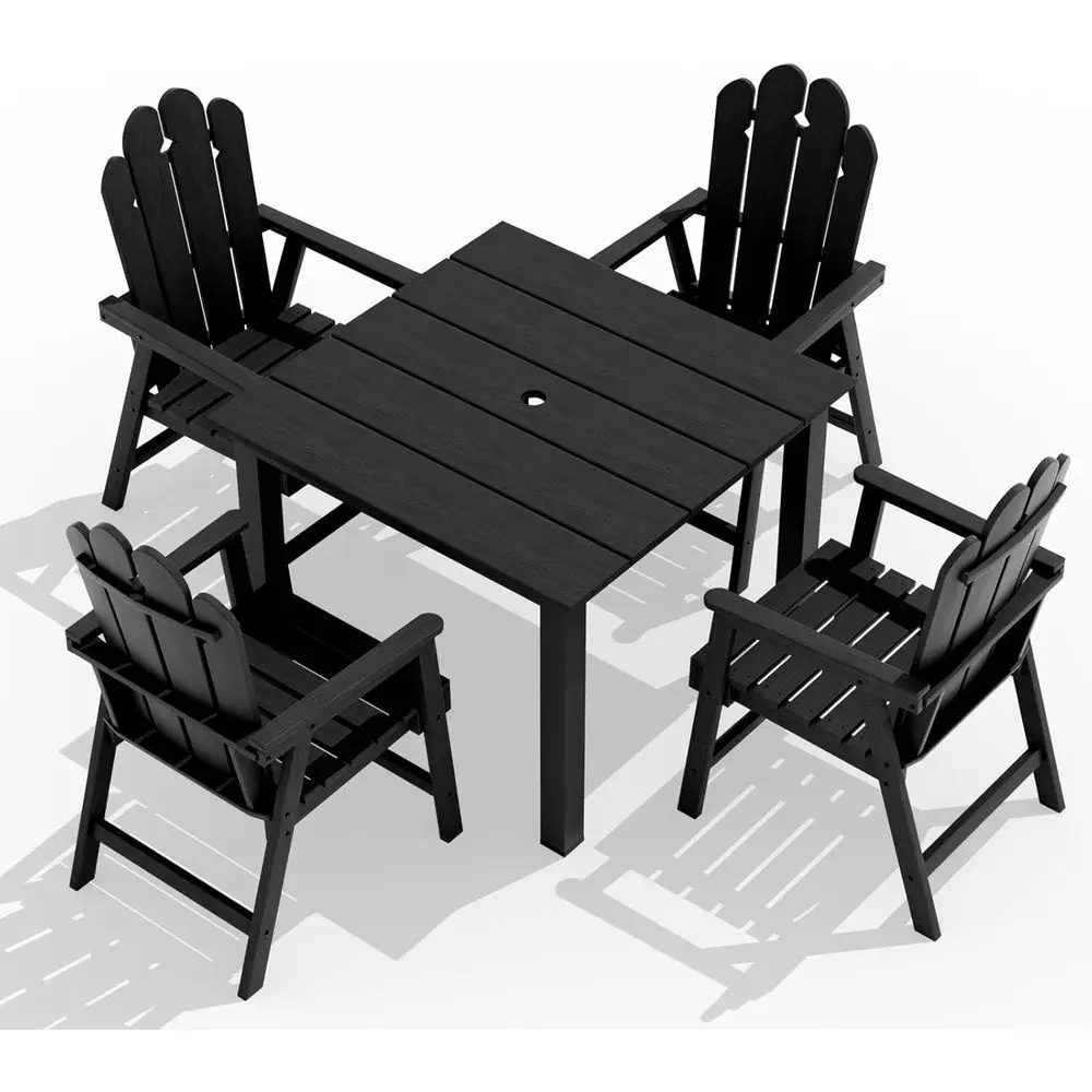 5-Piece Black Patio Dining Set with Umbrella Hole Table and Weather-Resistant Armchairs
5-Piece Black Patio Dining Set with Umbrella Hole Table and Weather-Resistant Armchairs