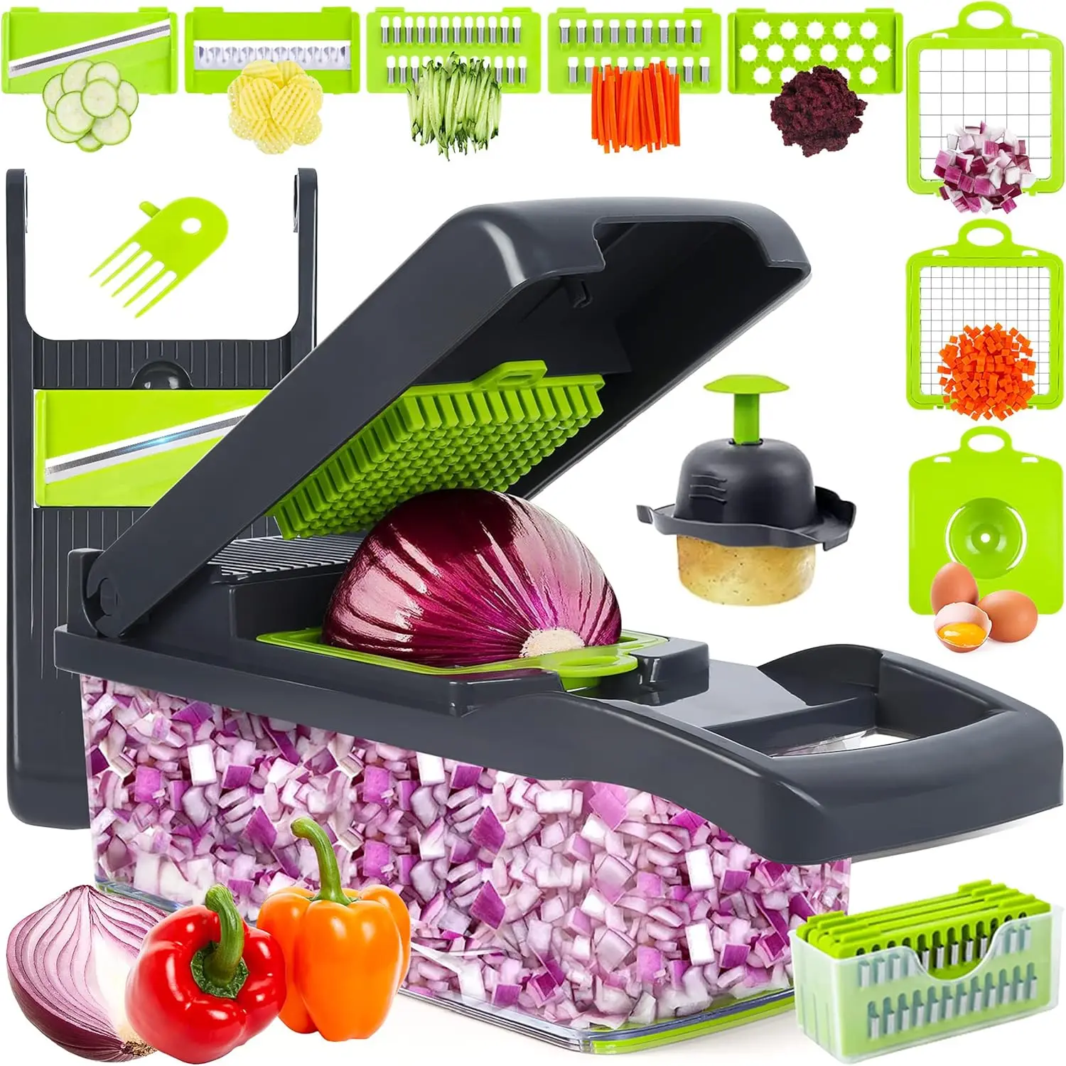10-in-1 Vegetable Chopper Mandoline Slicer, Multifunctional Food Chopper, Kitchen Dicer Cutter, Onion Mincer, Colander Basket
10-in-1 Vegetable Chopper Mandoline Slicer, Multifunctional Food Chopper, Kitchen Dicer Cutter, Onion Mincer, Colander Basket