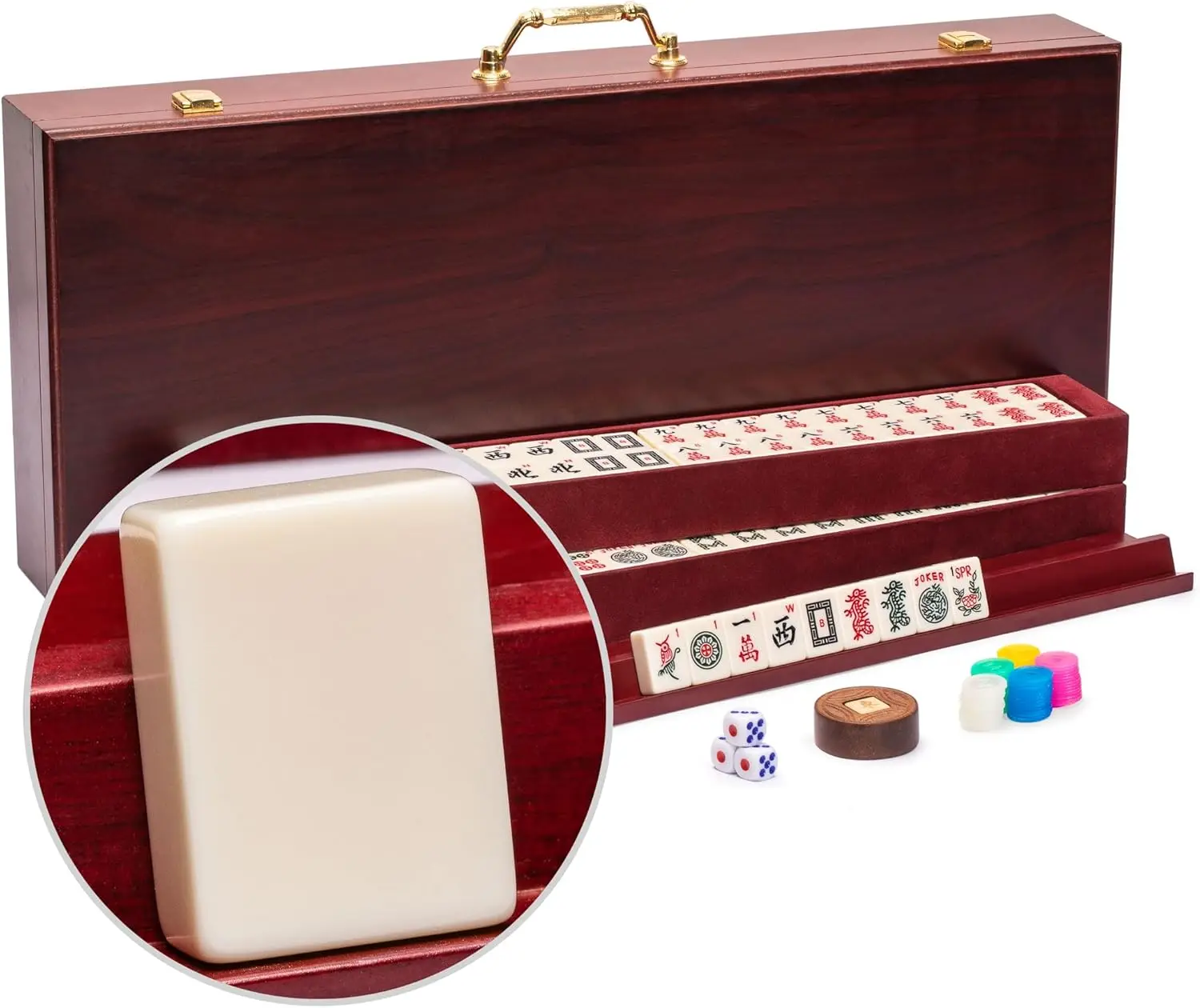 American Mahjong Set 166 Tiles Classic Rosewood Veneer Case with Racks Coins Dice Guide
American Mahjong Set 166 Tiles Classic Rosewood Veneer Case with Racks Coins Dice Guide