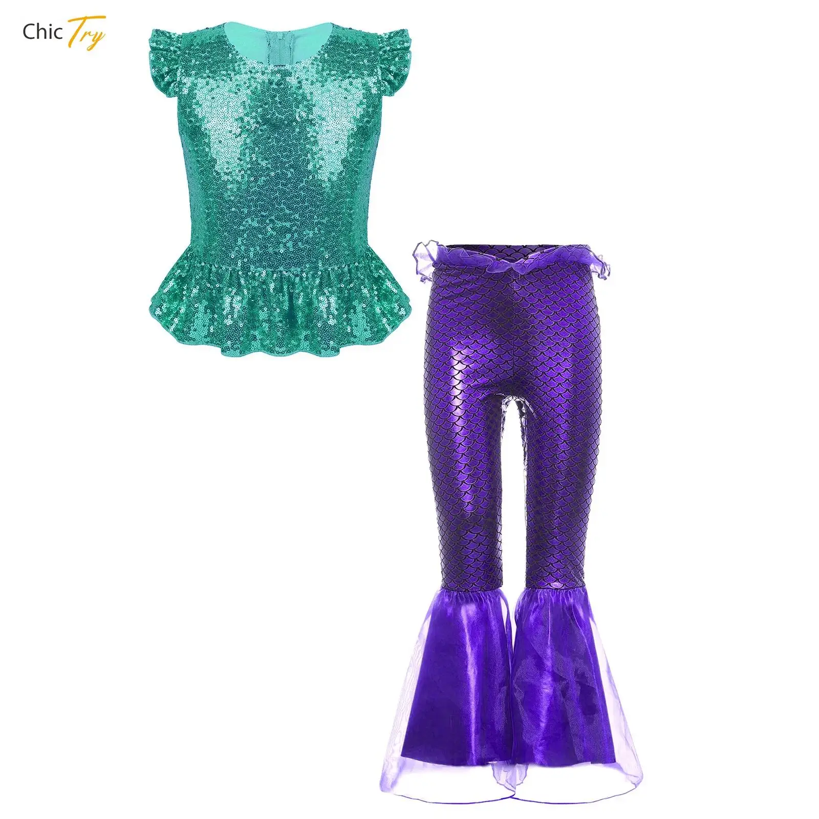 Kids Girls Mermaid Costume Halloween Cosplay Sets Sparkly Sequins Top with Flared Pants with Peplum Ruffle Carnival Dress Up
Kids Girls Mermaid Costume Halloween Cosplay Sets Sparkly Sequins Top with Flared Pants with Peplum Ruffle Carnival Dress Up