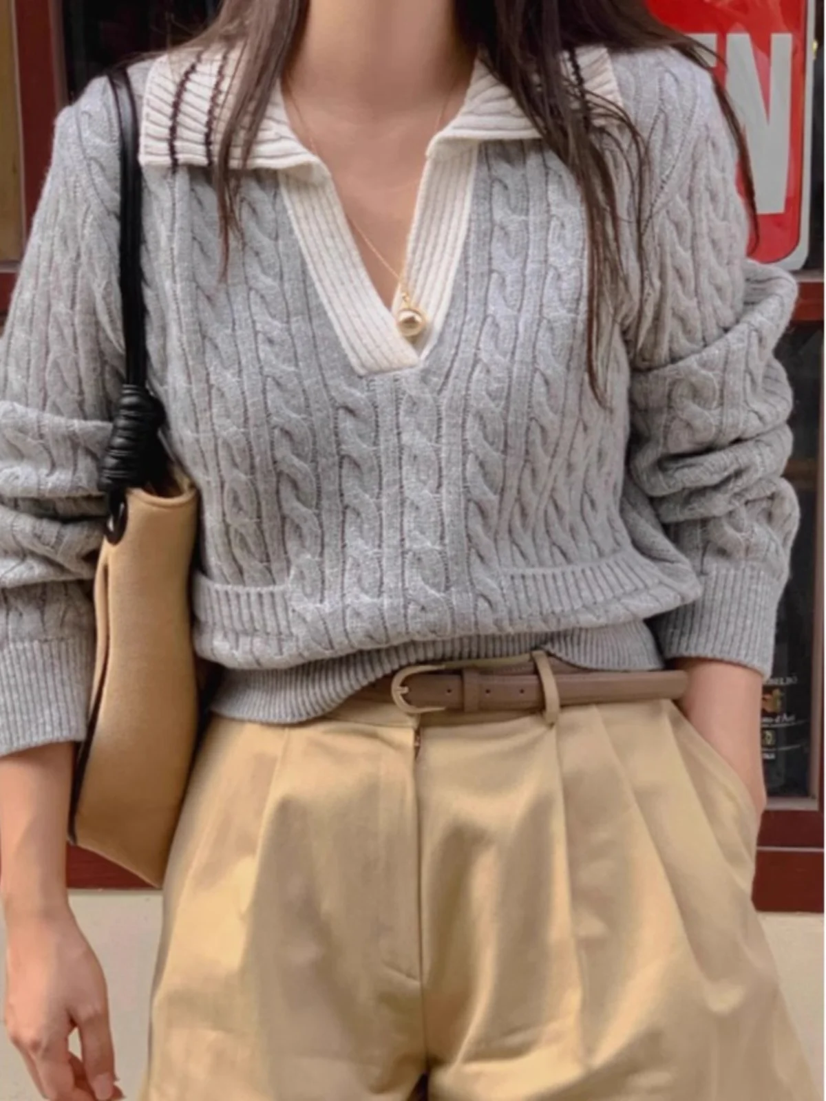 Laid-ba Sle Long Sve вязаный свитер с винтажным лоскутным воротником, женский осенний топ, удобный крой для поездок на работу, мода 
Laid-ba Sle Long Sve вязаный свитер с винтажным лоскутным воротником, женский осенний топ, удобный крой для поездок на работу, мода