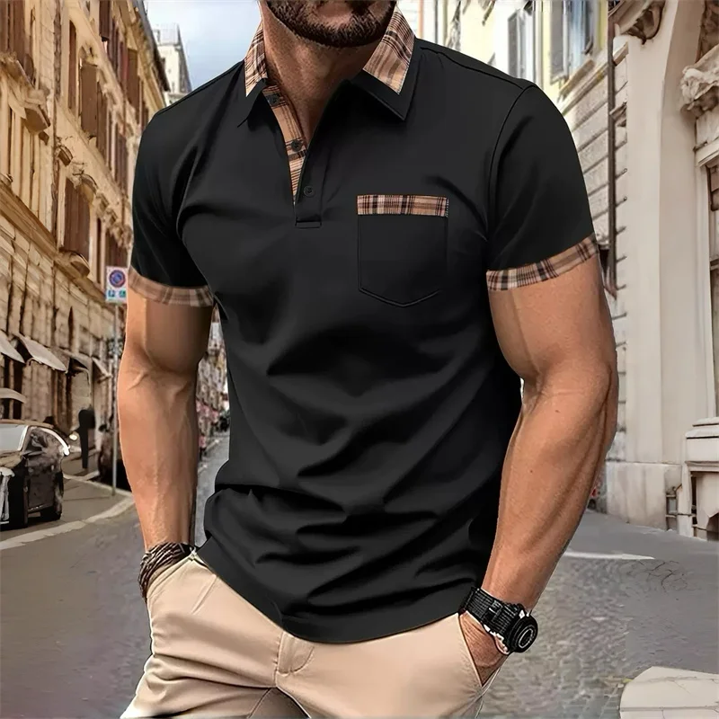 Men's plaid patchwork short-sleeved polo shirt, stylish collared pocket design, casual business slim fit, versatile men's top.
Men's plaid patchwork short-sleeved polo shirt, stylish collared pocket design, casual business slim fit, versatile men's top.