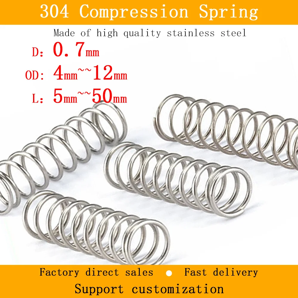 10Pcs 304 Stainless Steel Compression Spring Diameter 0.7mm Cylidrical Coil Return Springs Pressure Spring diameter 4mm to 12mm
10Pcs 304 Stainless Steel Compression Spring Diameter 0.7mm Cylidrical Coil Return Springs Pressure Spring diameter 4mm to 12mm