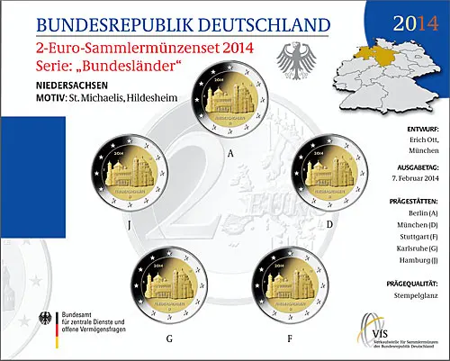 Germany 2014 Commemorative Coin St Michael's Church in Lower Saxony Adfgj Marked Five Pieces 2 Euros
Germany 2014 Commemorative Coin St Michael's Church in Lower Saxony Adfgj Marked Five Pieces 2 Euros