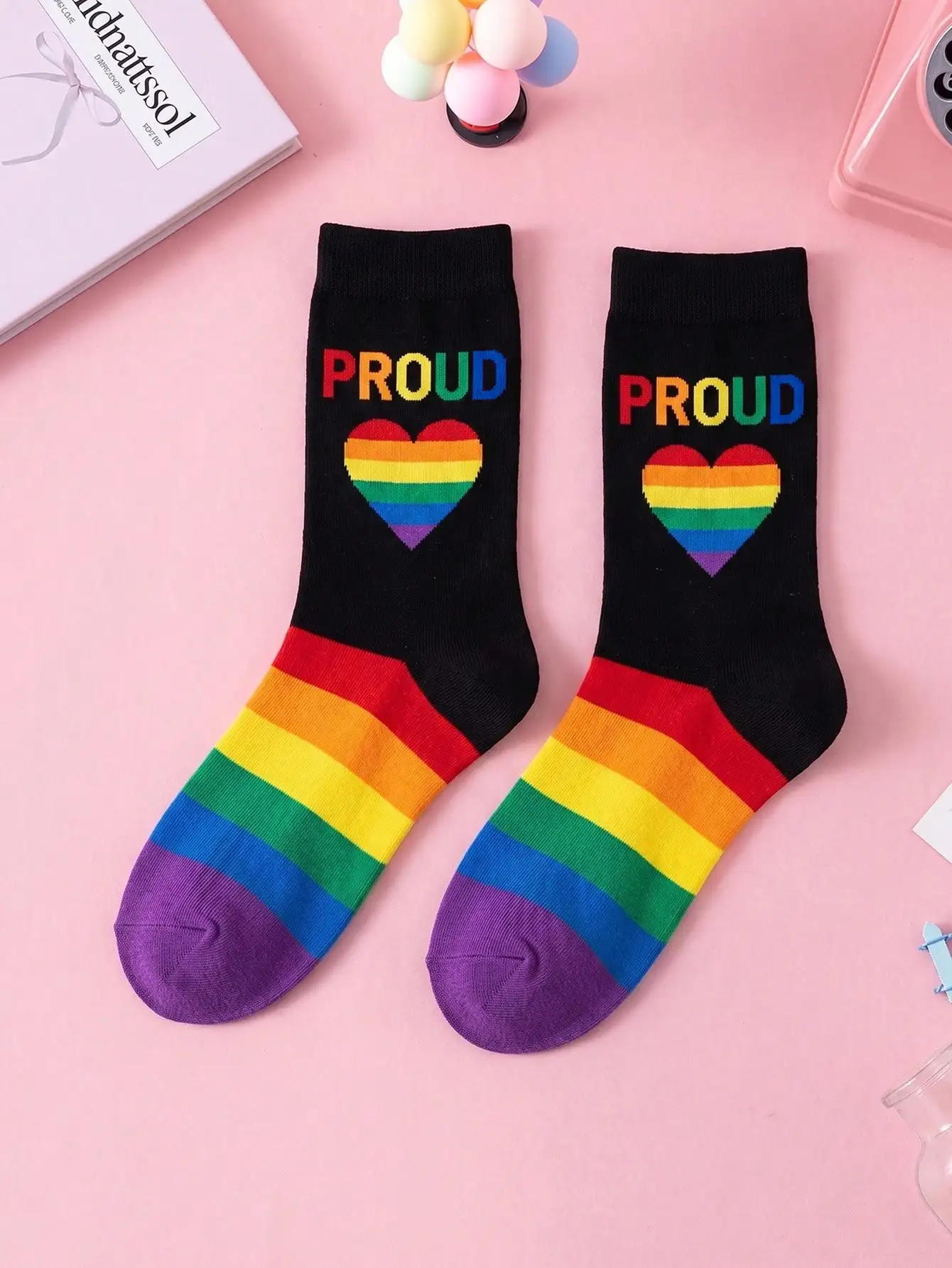 3 Pairs of Black Lgbtq Pride Mid-Calf Socks, Rainbow Gradient Letter Print, Striped Knit Cuff Casual Street Style Mid-Calf Socks
3 Pairs of Black Lgbtq Pride Mid-Calf Socks, Rainbow Gradient Letter Print, Striped Knit Cuff Casual Street Style Mid-Calf Socks
