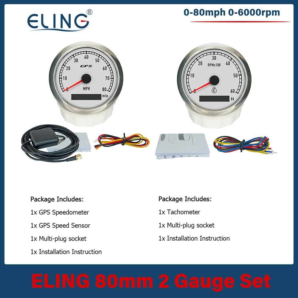 ELING 2 Gauge Kit Car 80mm GPS Speedometer 80MPH 120MPH 6000RPM 8000RPM Tachometer 12V 24V with 7 Colors Backlights
ELING 2 Gauge Kit Car 80mm GPS Speedometer 80MPH 120MPH 6000RPM 8000RPM Tachometer 12V 24V with 7 Colors Backlights