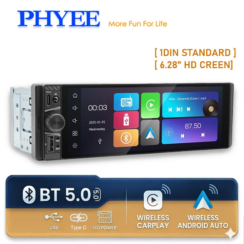 1 DIN 6.28" Touch Screen Car Radio with Wireless Apple CarPlay / Android Auto, Bluetooth 5.0, Type C Charging, FM USB MP5 Player
1 DIN 6.28" Touch Screen Car Radio with Wireless Apple CarPlay / Android Auto, Bluetooth 5.0, Type C Charging, FM USB MP5 Player