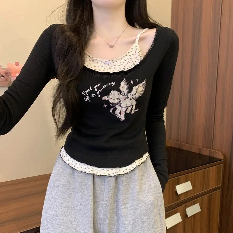 Aesthetic Gothic Tops Lace Long-sleeve T-shirt Women Spring Autumn Design Print Slim Faux Two-piece Top Y2k Clothes Tshirt
Aesthetic Gothic Tops Lace Long-sleeve T-shirt Women Spring Autumn Design Print Slim Faux Two-piece Top Y2k Clothes Tshirt