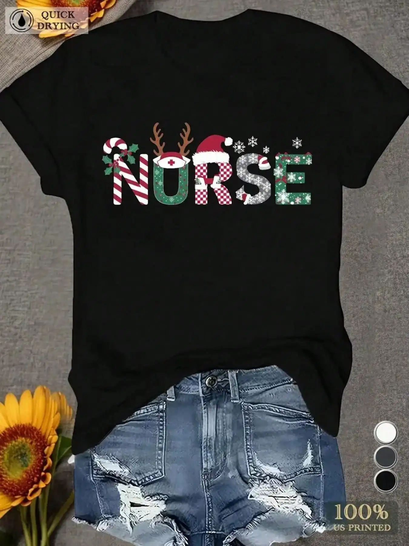 100% Nurse Candy Cane Graphic T-Shirt Festive Holiday Design with Snowflakes Reindeer Casual Women's Short Sleeve Round Neck Tee
100% Nurse Candy Cane Graphic T-Shirt Festive Holiday Design with Snowflakes Reindeer Casual Women's Short Sleeve Round Neck Tee