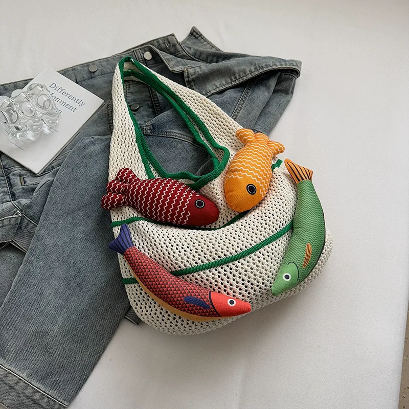 Fish Design Knitting Shoulder Bag Woven Hand Bag Beach Bag Holiday Travel Shopper Shopping Purse for Women
Fish Design Knitting Shoulder Bag Woven Hand Bag Beach Bag Holiday Travel Shopper Shopping Purse for Women