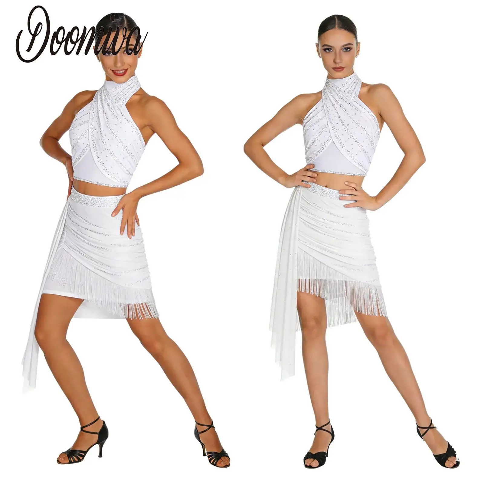 Женский танцевальный костюм для латины, танго, самбы, сальсы: укороченный топ с лямкой через шею, стразами и драпировкой, юбка с бахромой для выступлений и соревнований
Женский танцевальный костюм для латины, танго, самбы, сальсы: укороченный топ с лямкой через шею, стразами и драпировкой, юбка с бахромой для выступлений и соревнований