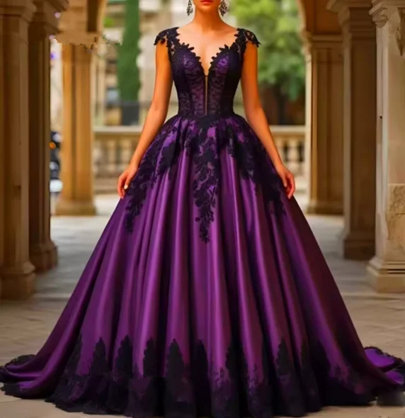 Vintage Gothic Purple Wedding Dresses with Black Lace Appliques Satin A-Line Bridal Gowns Vestido De Novia Customized 
Vintage Gothic Purple Wedding Dresses with Black Lace Appliques Satin A-Line Bridal Gowns Vestido De Novia Customized