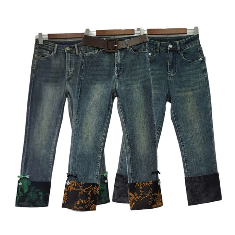 High Waist Blue Embroidery Splice Denim New Loose Women Trousers Fashion Tie Spring Autumn 2023
High Waist Blue Embroidery Splice Denim New Loose Women Trousers Fashion Tie Spring Autumn 2023