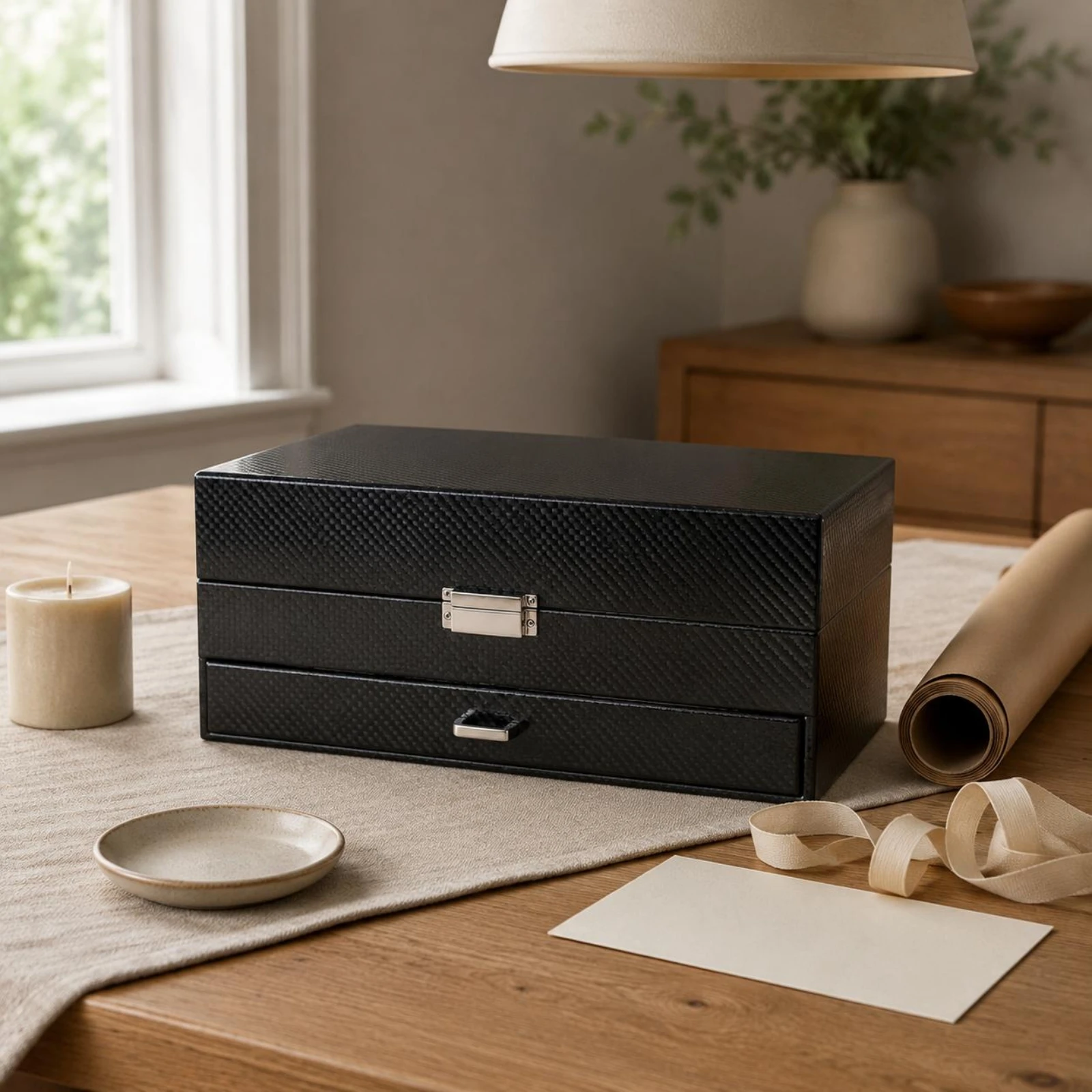 Double-Layer Watch Box Carbon-Fiber Weave Watch Storage Box Pull-out Drawer Metal Latch
Double-Layer Watch Box Carbon-Fiber Weave Watch Storage Box Pull-out Drawer Metal Latch