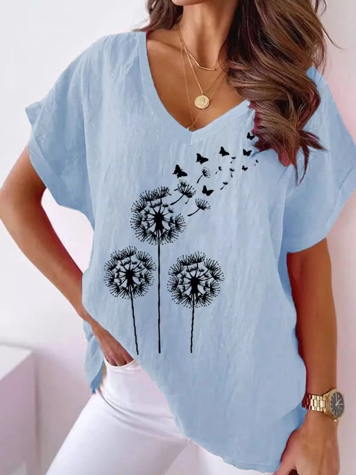 Street Sle Loose Fit ort Sve T-irt V-Ne Floral Print Casual Comfortable Polyester Top for Young Women in Summer
Street Sle Loose Fit ort Sve T-irt V-Ne Floral Print Casual Comfortable Polyester Top for Young Women in Summer