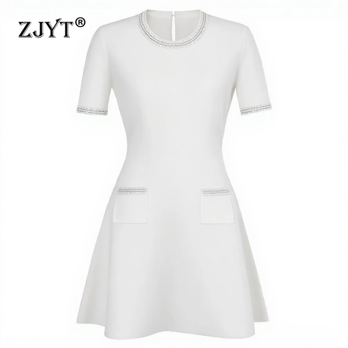 ZJYT New Women's Summer O Neck Beading Knitting Dresses Sweaters Elegant Short Sleeve Aline White Black Party Dress Casual
ZJYT New Women's Summer O Neck Beading Knitting Dresses Sweaters Elegant Short Sleeve Aline White Black Party Dress Casual