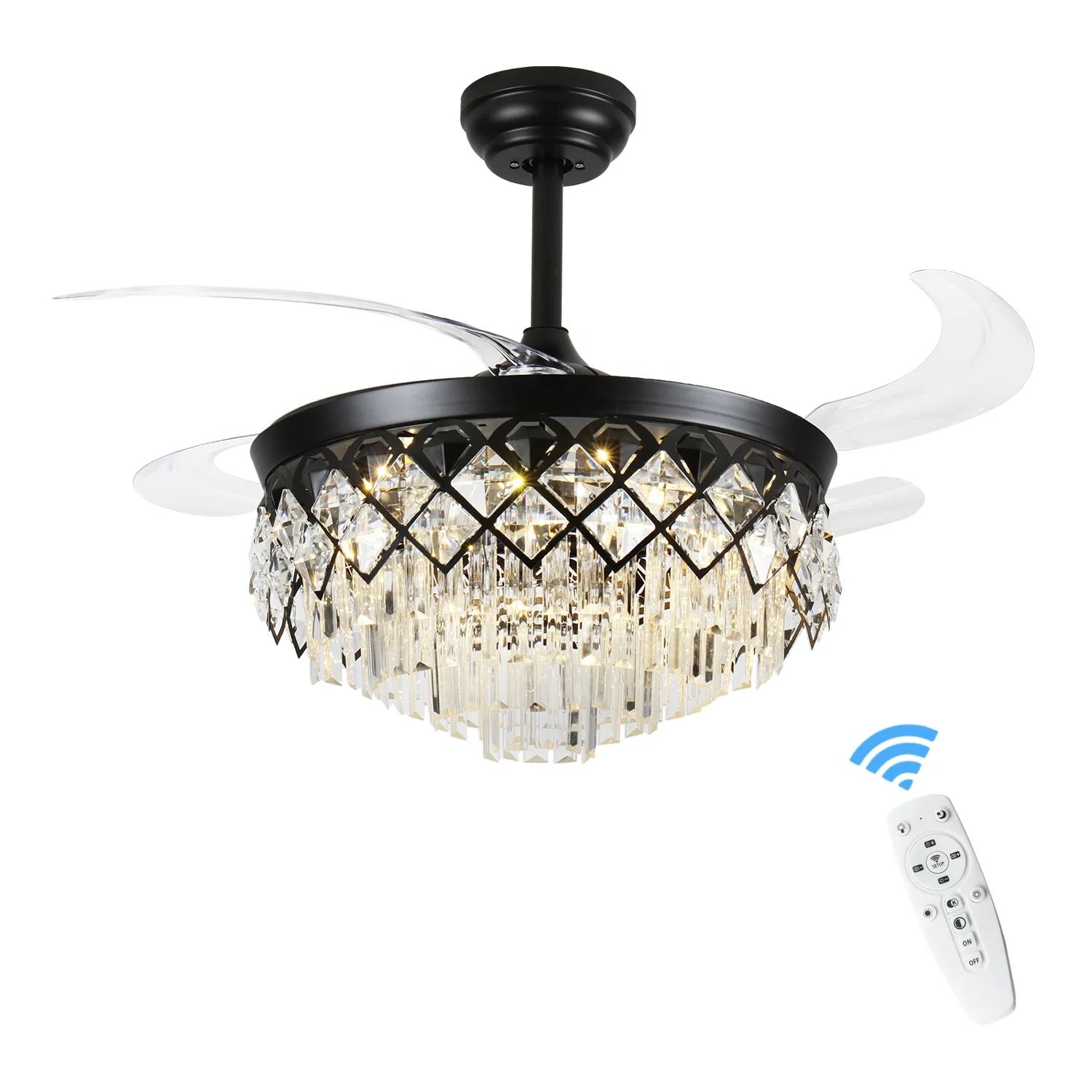 American retro crystal fan light hotel villa remote control silent fan chandelier
American retro crystal fan light hotel villa remote control silent fan chandelier