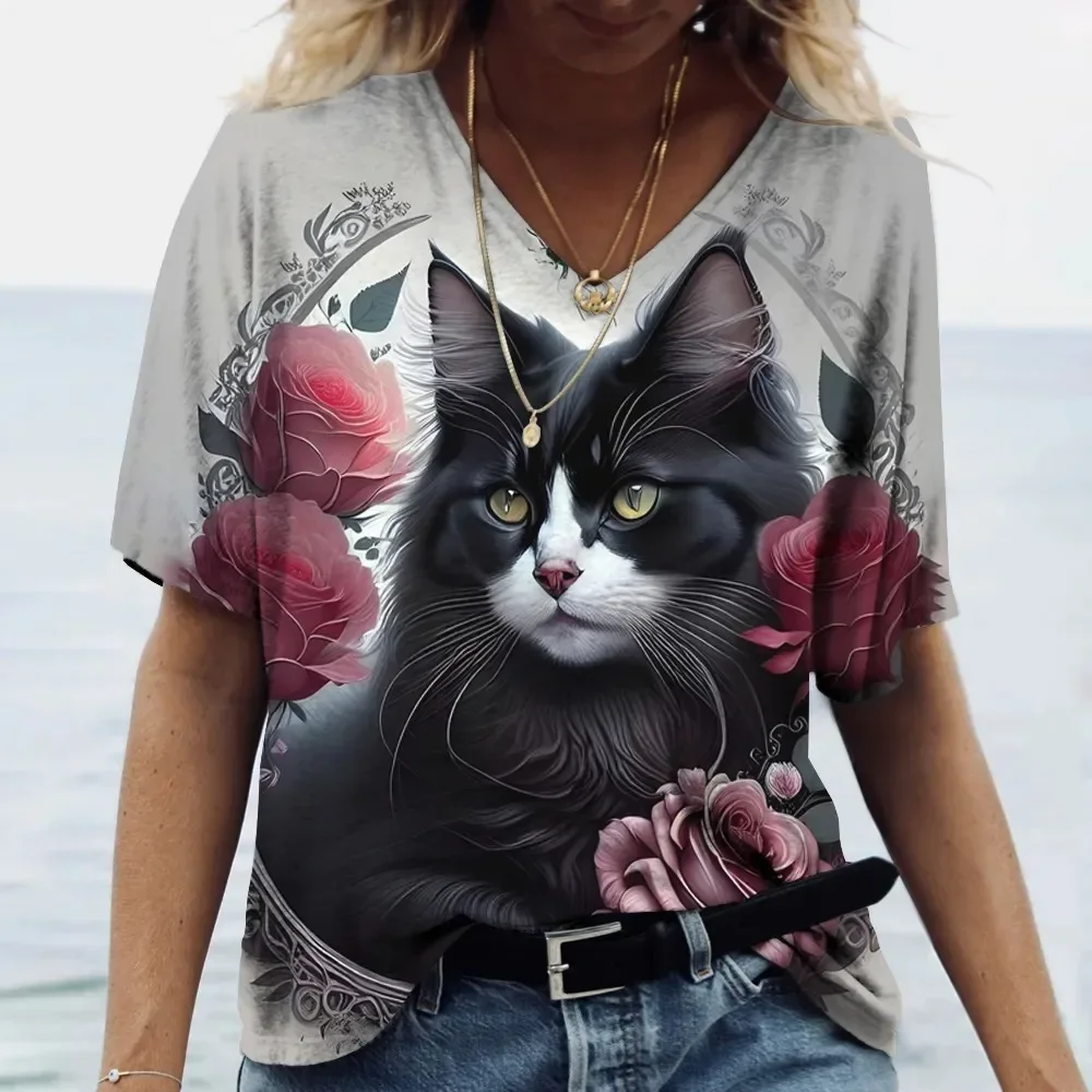 Fashionable Women's T-Shirts Cat Print Short Sleeve Women's Harajuku T-Shirts Women's T-Shirts V Neck Tops Animal Tops for Women
Fashionable Women's T-Shirts Cat Print Short Sleeve Women's Harajuku T-Shirts Women's T-Shirts V Neck Tops Animal Tops for Women
