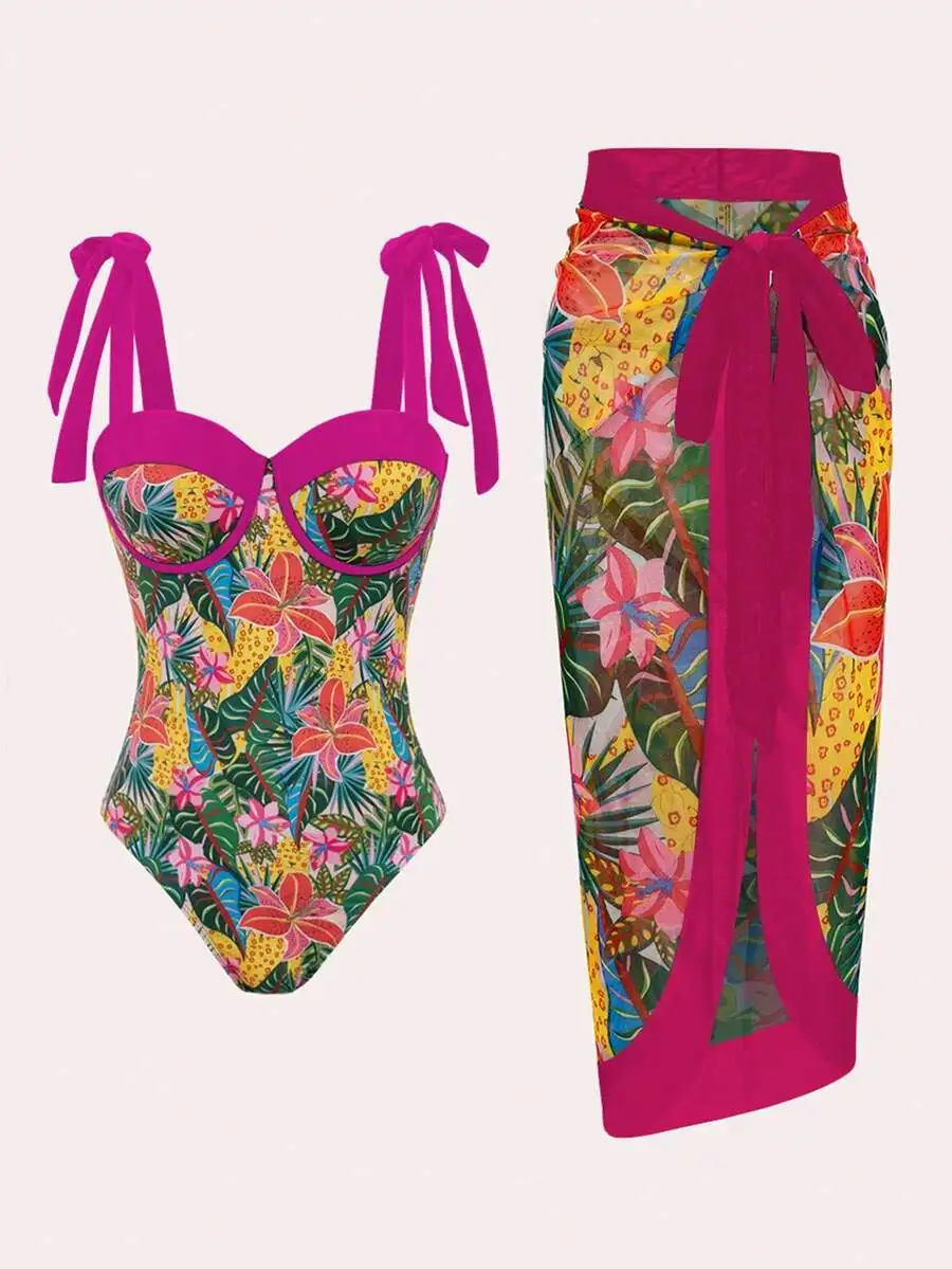 Tropical Print One Piece Swimsuit With Beach Cover Up Skirt For Women
Tropical Print One Piece Swimsuit With Beach Cover Up Skirt For Women