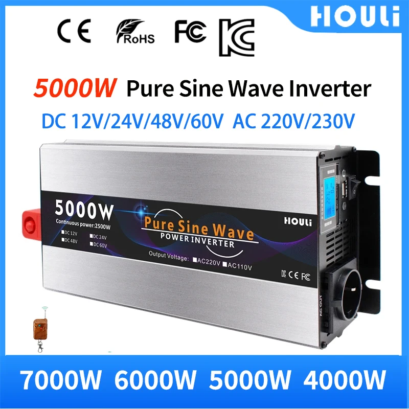 5000W Pure Sine Wave DC 12V/24V/48V to AC 220V 50Hz/60Hz Power Supply Car Inverter with LED Display
5000W Pure Sine Wave DC 12V/24V/48V to AC 220V 50Hz/60Hz Power Supply Car Inverter with LED Display