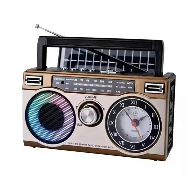Solar Portable Vintage Retro Radio USB Am Fm Sw 3 Band Receiver Colorful RGB Light Radio Speakers with Clock Recording Function
Solar Portable Vintage Retro Radio USB Am Fm Sw 3 Band Receiver Colorful RGB Light Radio Speakers with Clock Recording Function