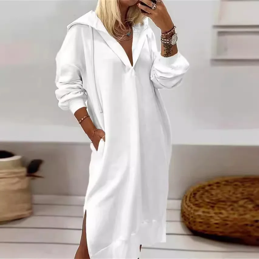 2025 Women's White Hooded Knit Dress V-Neck Long Sleeve Split Hem Sweater Dress Casual Street Style Pullover Maxi Dress Pocket
2025 Women's White Hooded Knit Dress V-Neck Long Sleeve Split Hem Sweater Dress Casual Street Style Pullover Maxi Dress Pocket