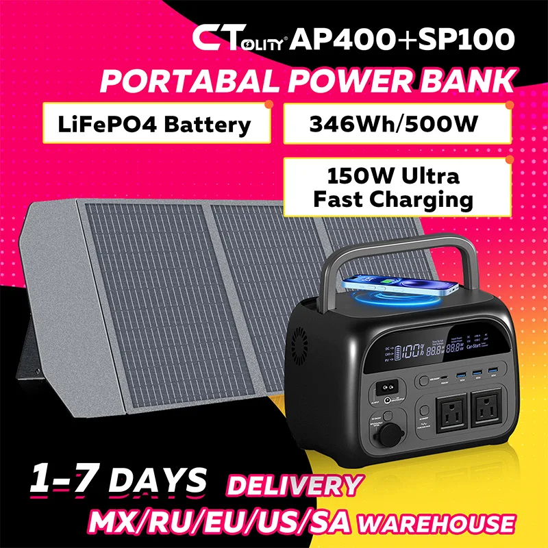 CTOLITY AP400 500W Portable Solar Generator 345wh Power Station 100W ETFE Solar Panel LiFePO4 Battery Camping Power Bank Home
CTOLITY AP400 500W Portable Solar Generator 345wh Power Station 100W ETFE Solar Panel LiFePO4 Battery Camping Power Bank Home