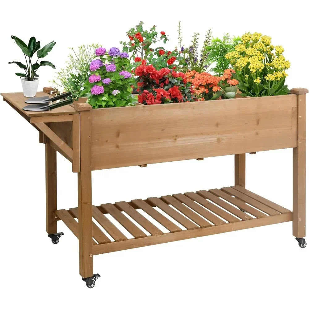 55 inch x 24 inch x 33 inch elevated wooden flowerpot box with lockable wheels, drainage holes, and storage rack
55 inch x 24 inch x 33 inch elevated wooden flowerpot box with lockable wheels, drainage holes, and storage rack