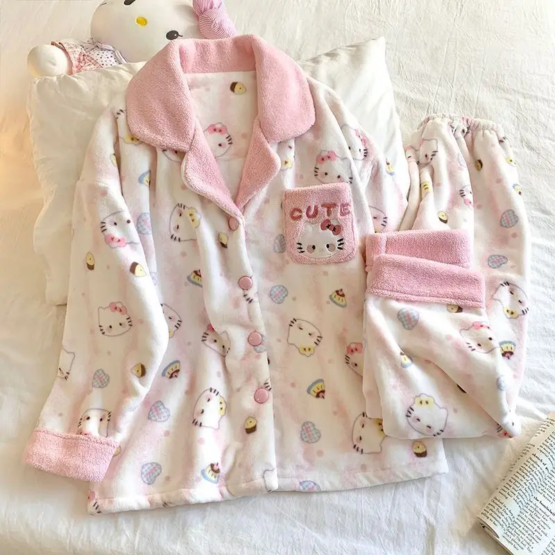 Sweet Hello Kitty Coral Velvet Pajamas for Girls in Autumn and Winter Thickened Warm Flannel Long-sleeved Plus Size Home Clothes
Sweet Hello Kitty Coral Velvet Pajamas for Girls in Autumn and Winter Thickened Warm Flannel Long-sleeved Plus Size Home Clothes