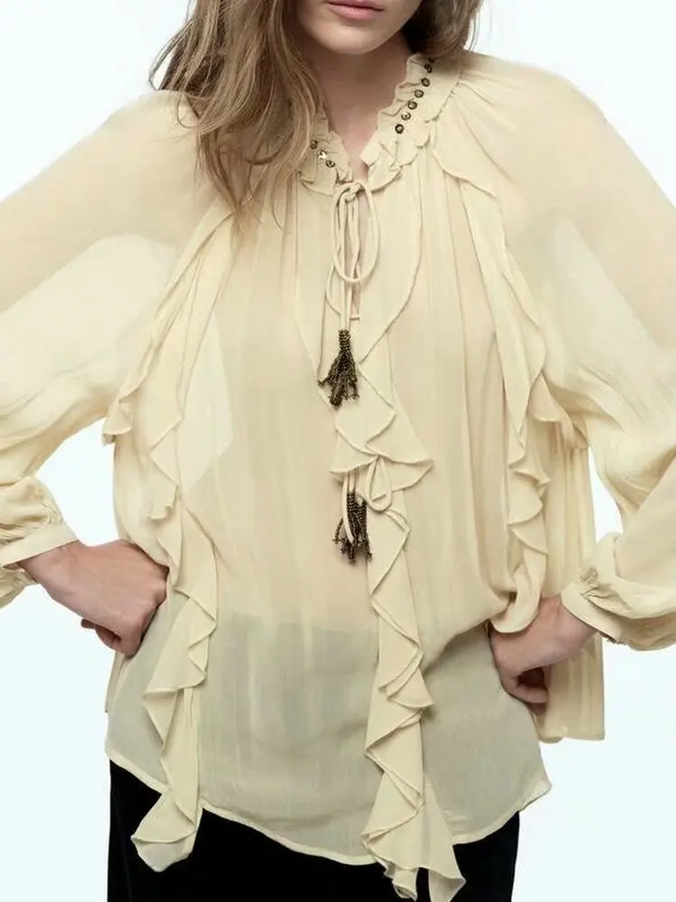 2025 Women Vintage Translucent Beaded Rivets Decorated Layered Blouse Lady Elegant V-neck Lace-up Ruffled Romantic Tierred Shirt
2025 Women Vintage Translucent Beaded Rivets Decorated Layered Blouse Lady Elegant V-neck Lace-up Ruffled Romantic Tierred Shirt