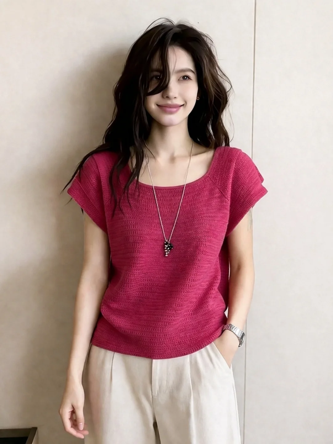 Korean Style Commuter Pure Color Short Sleeve Knitted Shirt round Neck Women's Top Elegant High-End Feeling Summer Versatile
Korean Style Commuter Pure Color Short Sleeve Knitted Shirt round Neck Women's Top Elegant High-End Feeling Summer Versatile