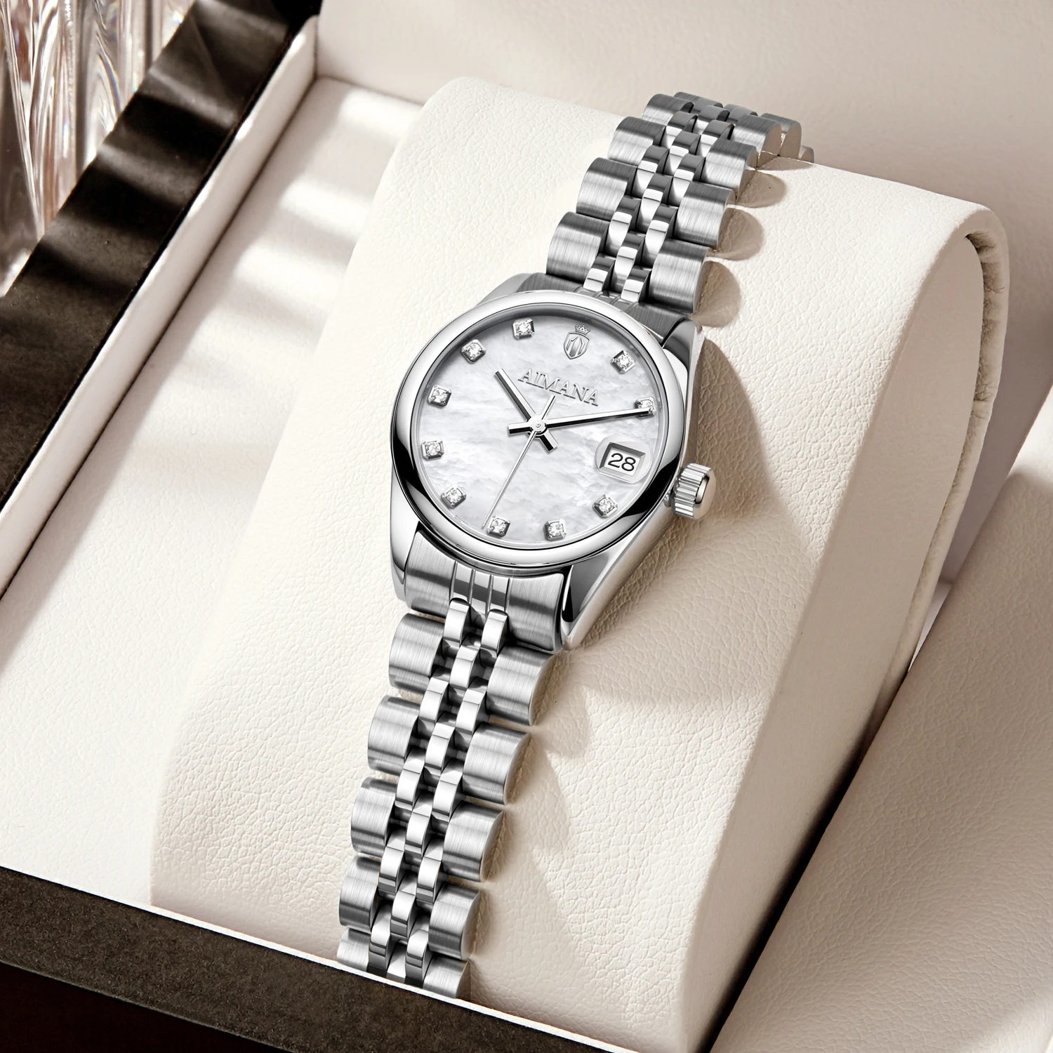 AIMANA Luxury Ladies Watch Mother of Pearl Dial Diamond Index Date Waterproof Quartz Stainless Steel Strap Elegant Wristwatch
AIMANA Luxury Ladies Watch Mother of Pearl Dial Diamond Index Date Waterproof Quartz Stainless Steel Strap Elegant Wristwatch