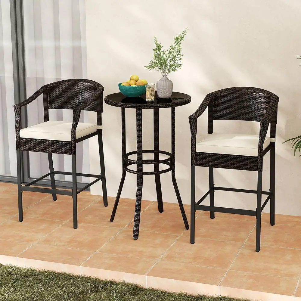 Bar Set with Wicker Barstools, Cushions, Glass Top Table for Outdoor Patio, Balcony or Poolside (Brown-Beige)
Bar Set with Wicker Barstools, Cushions, Glass Top Table for Outdoor Patio, Balcony or Poolside (Brown-Beige)