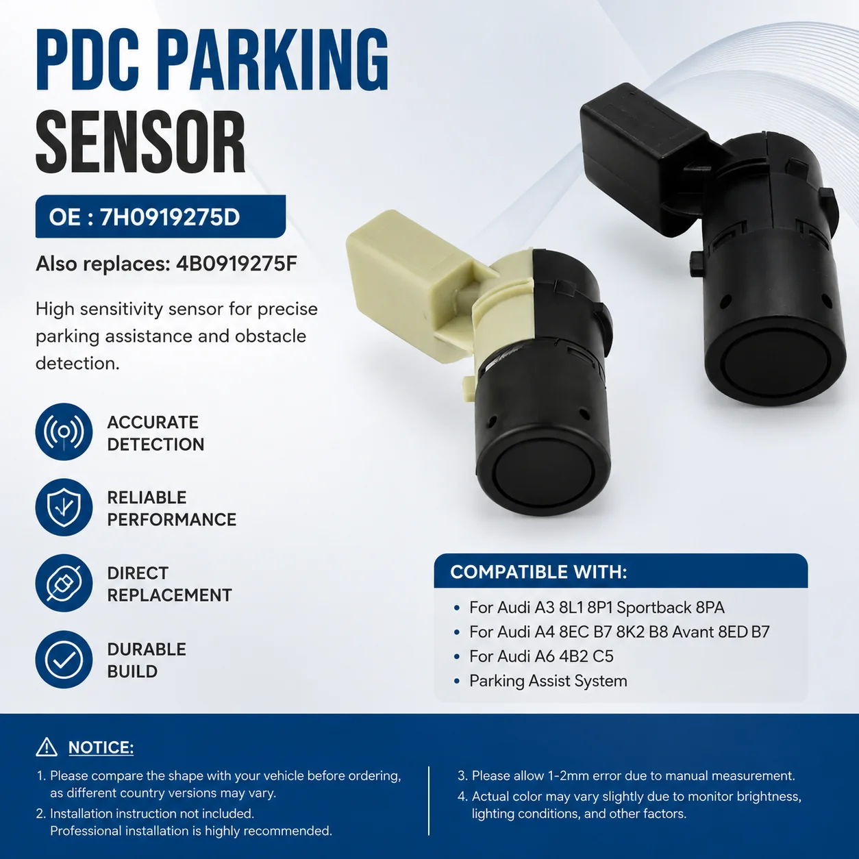 NEW 7H0919275D Parking Sensor For Audi A3 8L1 8P1 Sportback 8PA A4 8EC B7 8K2 B8 Avant 8ED B7 A6 4B2 C5 Parktronic 4B0919275F
NEW 7H0919275D Parking Sensor For Audi A3 8L1 8P1 Sportback 8PA A4 8EC B7 8K2 B8 Avant 8ED B7 A6 4B2 C5 Parktronic 4B0919275F