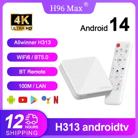 H96 MAX H313 Smart TV Box Android 14 TV Box 4K@60fps 100M/LAN Dual Wifi6 BT5.0 Google Voice Assistant Media Player Set Top Box